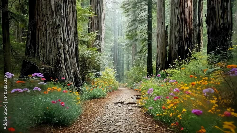 Aufkleber sunlit path through an enchanting forest lined with wildflowers, trees, lush foliage, and soft hazy 