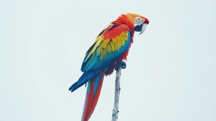 Fototapeta premium Scarlet macaw stands alert on a slender branch against a plain white background showcasing vibrant colors