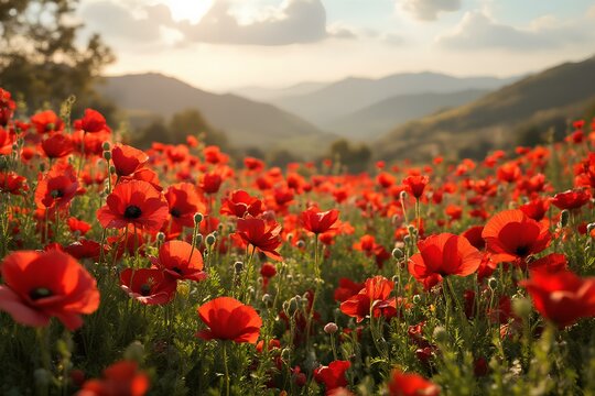 Fototapeta Remembrance poppies create vibrant carpet in peaceful landscape for anzac day