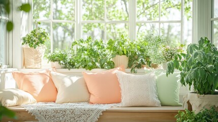 A bright spring conservatory with pastel-toned cushions, a delicate lace throw, and a wooden window seat filled with fresh greenery