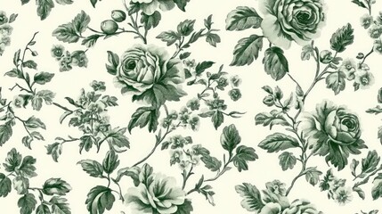 Vintage floral pattern featuring green flowers and branches on a soft beige background. Concept of classic design, botanical aesthetics, and nature-inspired decoration.