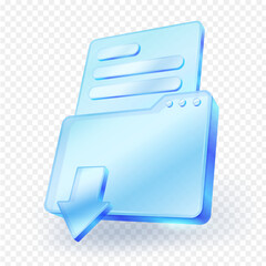 Download document file 3d icon, featuring a blue glass folder with an arrow pointing downwards, representing the downloading process. Transparent background and a sleek design. Vector EPS file.