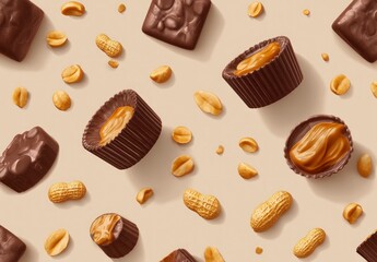 Fototapeta premium Chocolate Peanut Candy Background with Cups and Bars for Sweet Treats