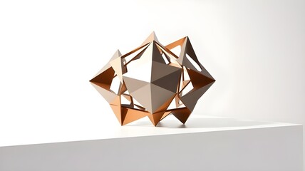 An abstract geometric sculpture, on a white surface