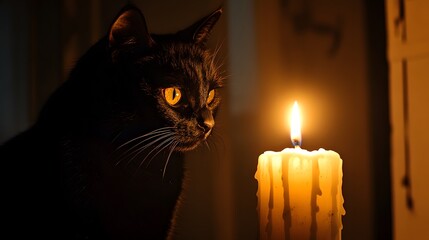 Black cat candlelight indoor night mystical Halloween