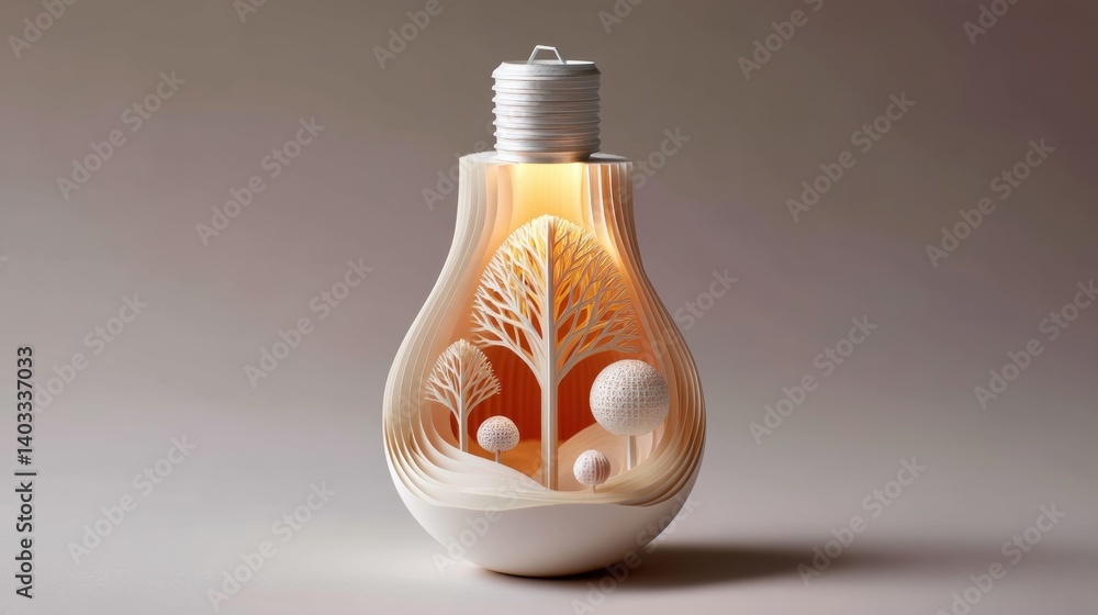 Poster lightbulb symbolizing concept. glowing light bulb with layered tree silhouette inside