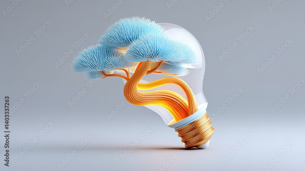 Poster lightbulb symbolizing concept. glowing tree like canopy emerging from a bulb