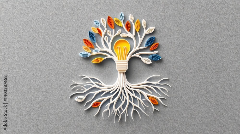 Poster lightbulb symbolizing concept. illuminated tree roots a paper cut representation
