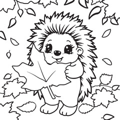 Fototapeta premium Cute little hedgehog holding an maple leave in the forest