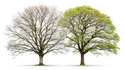 Obraz premium Bokeh Tree Photography: Dual Branch Contrast, Leafy vs. Bare, Autumn Nature Scene, Depth of Field, Artistic Image