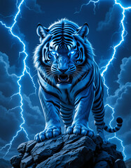 A badass blue and white striped tiger with glowing blue eyes stands fierce on a rocky outcrop, with electric blue lightning crackling around it