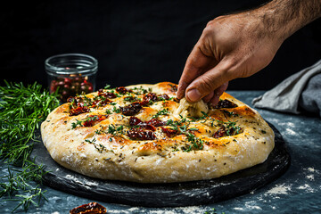 chef preparing Mediterranean herb focaccia, pressing fingertips into dough, with sundried tomatoes and herbs