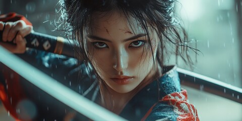 Determined Young Woman Warrior Wielding Katana in Rain
