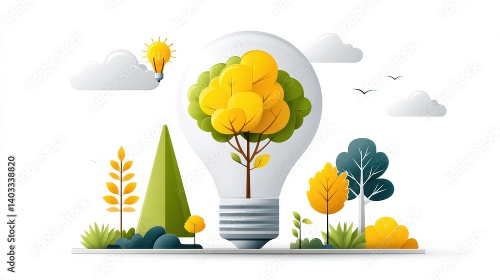 Poster lightbulb symbolizing concept. of a tree shaped brain inside a lightbulb