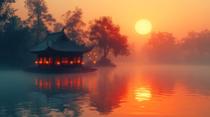 Fototapeta premium Serene, floating Chinese pavilion at sunrise, illuminated by lanterns.