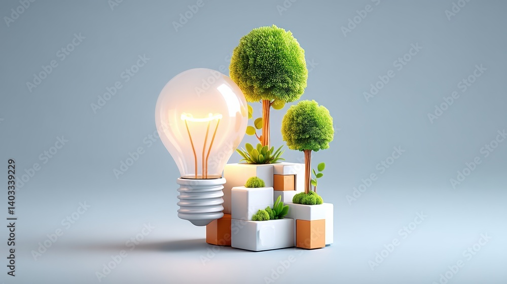 Poster lightbulb symbolizing concept. smart bulb base growing a digital tree in a futuristic design