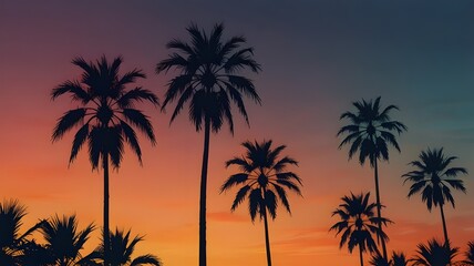 Overlapping palm tree silhouettes with a gradient sky from blue to tangerine