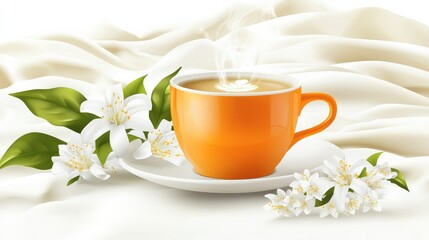 A steaming orange cup of coffee placed on a white plate surrounded by delicate white flowers