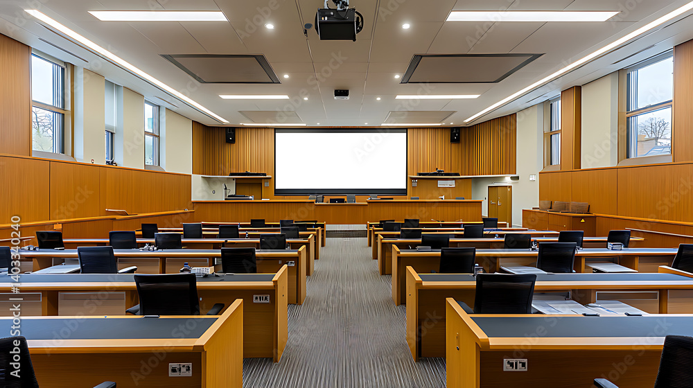 Poster large conference room projection screen mockup with a clear png display area for inserting your comp