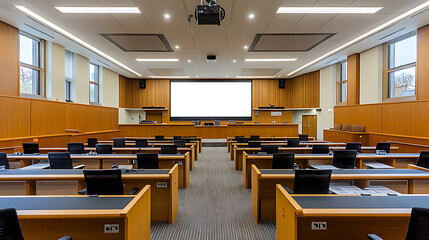 Large Conference Room Projection Screen Mockup with a Clear PNG Display Area for Inserting Your Company Name, Logo, or Visual Presentation Content