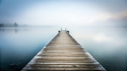 Obraz premium Foggy Dock Minimalist Photography: Misty Morning Wooden Pier Image, Copy Space
