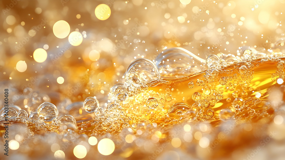 Poster golden liquid with bubbles and splashes, illuminated by soft light, creating a dreamy atmosphere