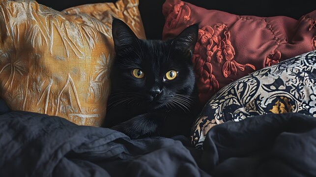 Black cat nestled in pillows, cozy bedroom, dark background, pet portrait