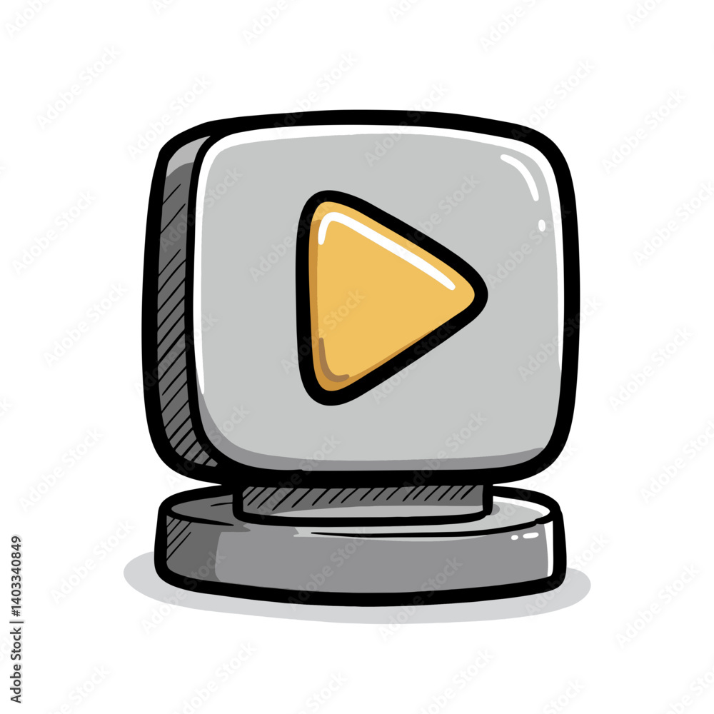 Poster hand-drawn illustration of a gray square play button icon on a stand, concept for video player inter
