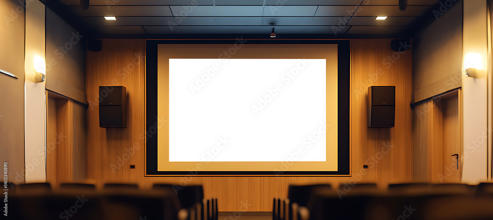 Poster realistic projection screen mockup in a spacious office meeting room with a blank png screen ready f