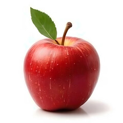 Single red apple with a green leaf