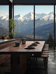 Interior view of a kitchen with a long wooden table and a mountain view through large windows