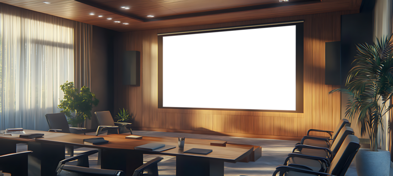 Realistic Projection Screen Mockup in a Spacious Office Meeting Room with a Blank PNG Screen Ready for Custom Designs or Branding Elements