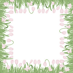 Floral frame with pink tulips and green grass. Hand drawn illustration.
