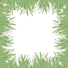 Floral frame with pink tulips and green grass. Hand drawn illustration.