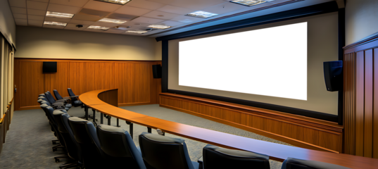 Empty Projection Screen Mockup Inside a Large Conference Room, Perfect for Displaying Your Own Branding, Company Logo, or Business Presentation Content