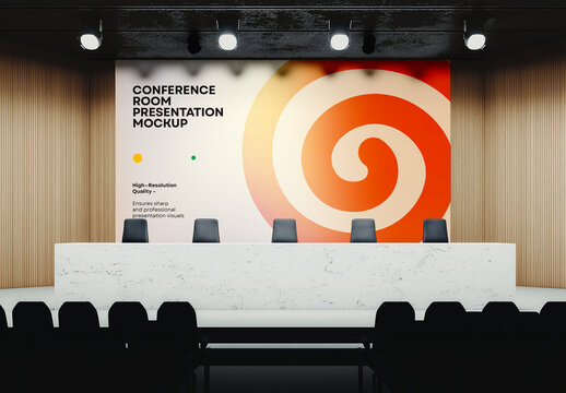 Modern Conference Room Mockup with Presentation Wall and Panel Desk &mdash; Professional Business Setup for Corporate Events, Seminars, and Panel Discussions