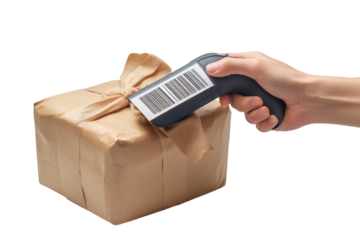 Scanning a gift package with barcode scanner a hand holds device over brown paper present black