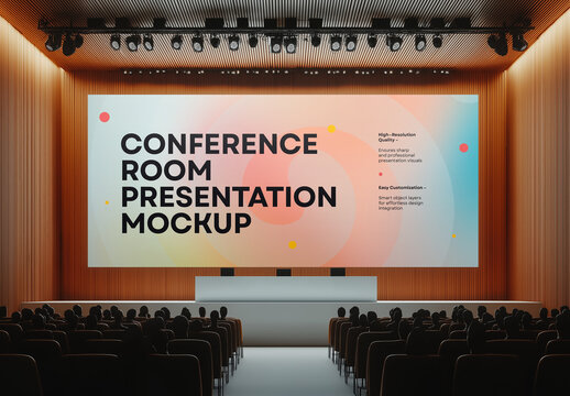 Large Auditorium Conference Presentation Mockup with Stage and Full Audience &mdash; High-Quality Corporate Event Display for Professional Branding, Business Talks, and Keynote Sessions