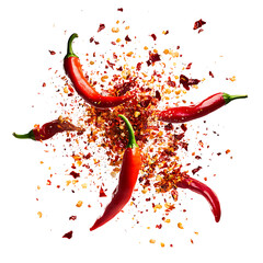 flying chili peppers isolated on a transparent background,  in PNG format.