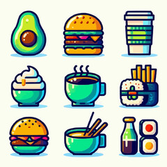 Flat design food icons: avocado, burger, sushi, coffee cup, wine glass. Vibrant colors, thick outlines