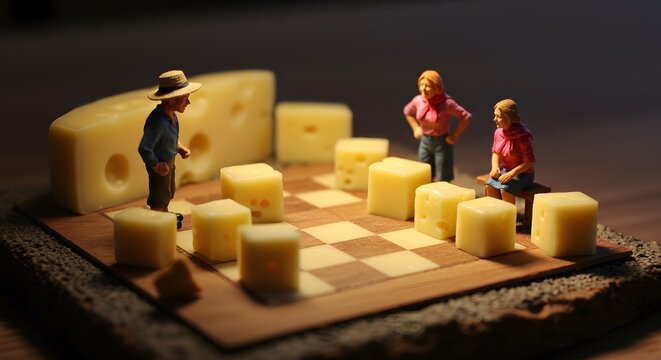 Miniature People Playing Cheese Chess: A Whimsical Game of Strategy and Dairy Delights