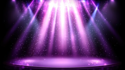 A vibrant purple stage illuminated by spotlights.
