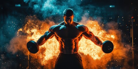 Muscular Man Lifting Dumbbells in Fiery Flames