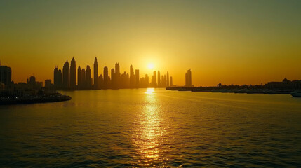 Naklejka premium The modern skyline of Dubai Marina glows under a golden sunset, presenting a luxurious urban panorama