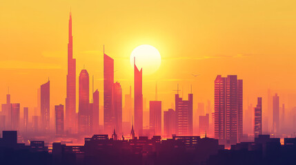 The modern skyline of Dubai Marina glows under a golden sunset, presenting a luxurious urban panorama