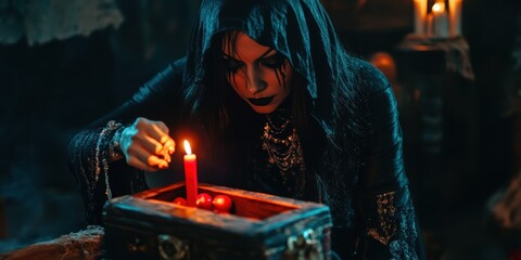 Mysterious Woman in Dark Hooded Cloak Lighting Red Candle Beside Wooden Box Filled with Red Objects in Dimly Lit Gothic Setting