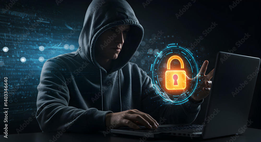 Aufkleber man in gray hoodie using laptop with digital lock icon in dark cyber security setting