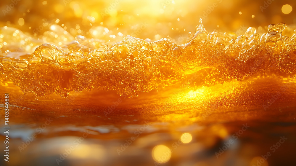 Poster golden waves crashing against the shore at sunset, creating a shimmering effect with soft bokeh