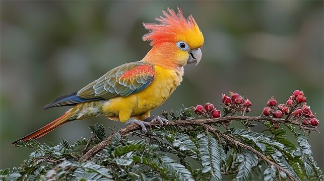 Sun Parakeet on a Branch with Berries - Powered by Adobe