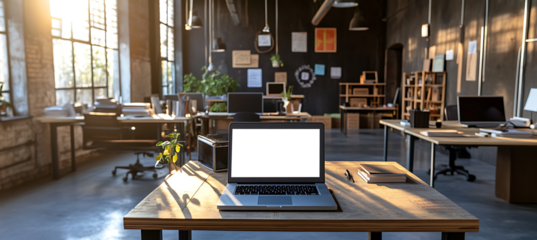 Office Tabletop with Laptop Mockup and Transparent Screen for Personalized Digital Branding, Ideal for Product and Design Showcase